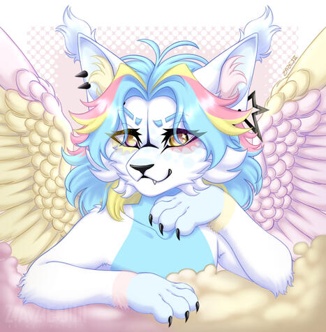 Example of a rendered bust illustration of a pastel colored anthropomorphic cat character with a simple background