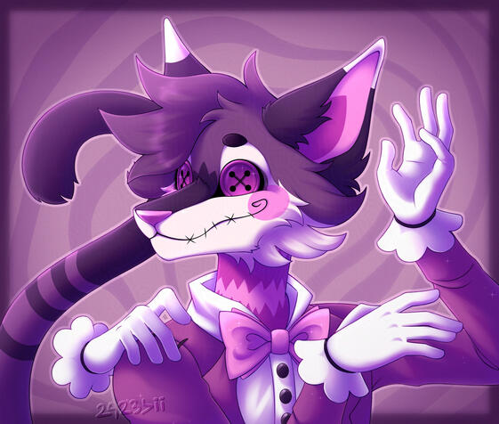 Example of a rendered bust illustration of a purple anthopomorphic cat character with button eyes on an abstract background