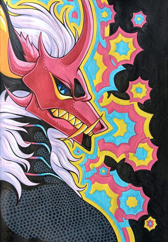 Example of a shaded bust illustration with an anthropomorphic demon character on an abstract background