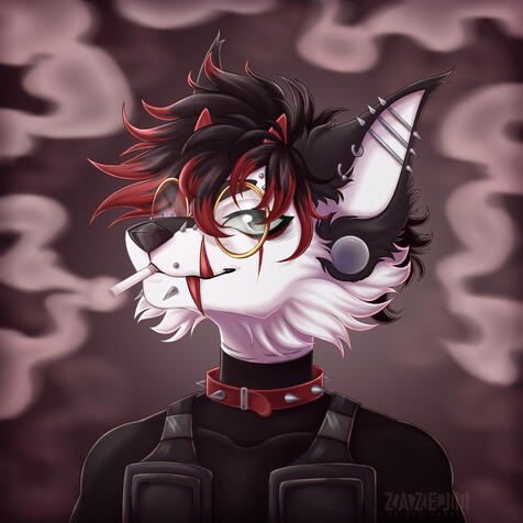 Example of a rendered bust illustration of an anthopomorphic canine character on an abstract background