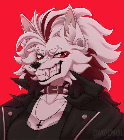 Example of a shaded bust illustration of an anthropomorphic wolf character on a single colored background.